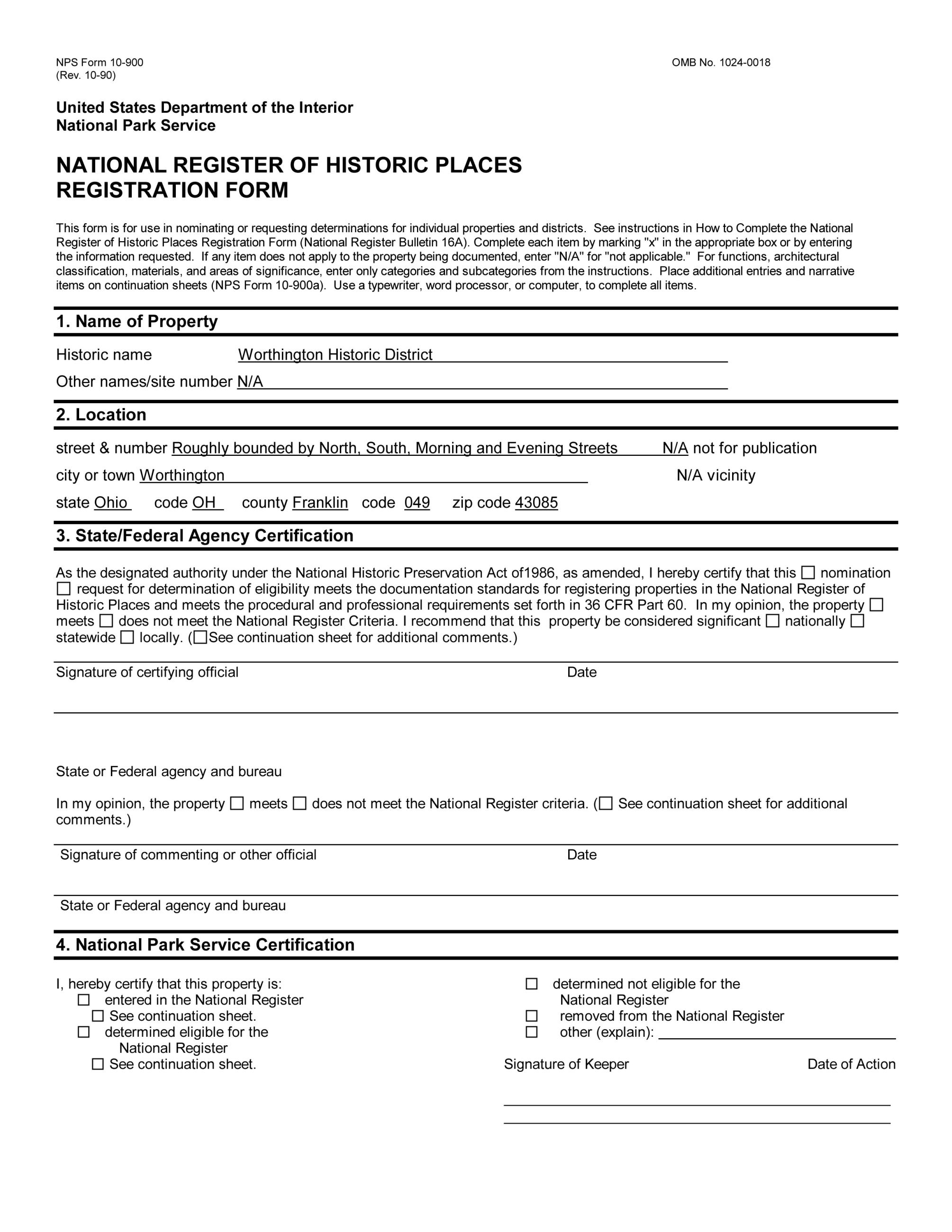 National Register of Historic Places Nomination Form for the Worthington Historic District