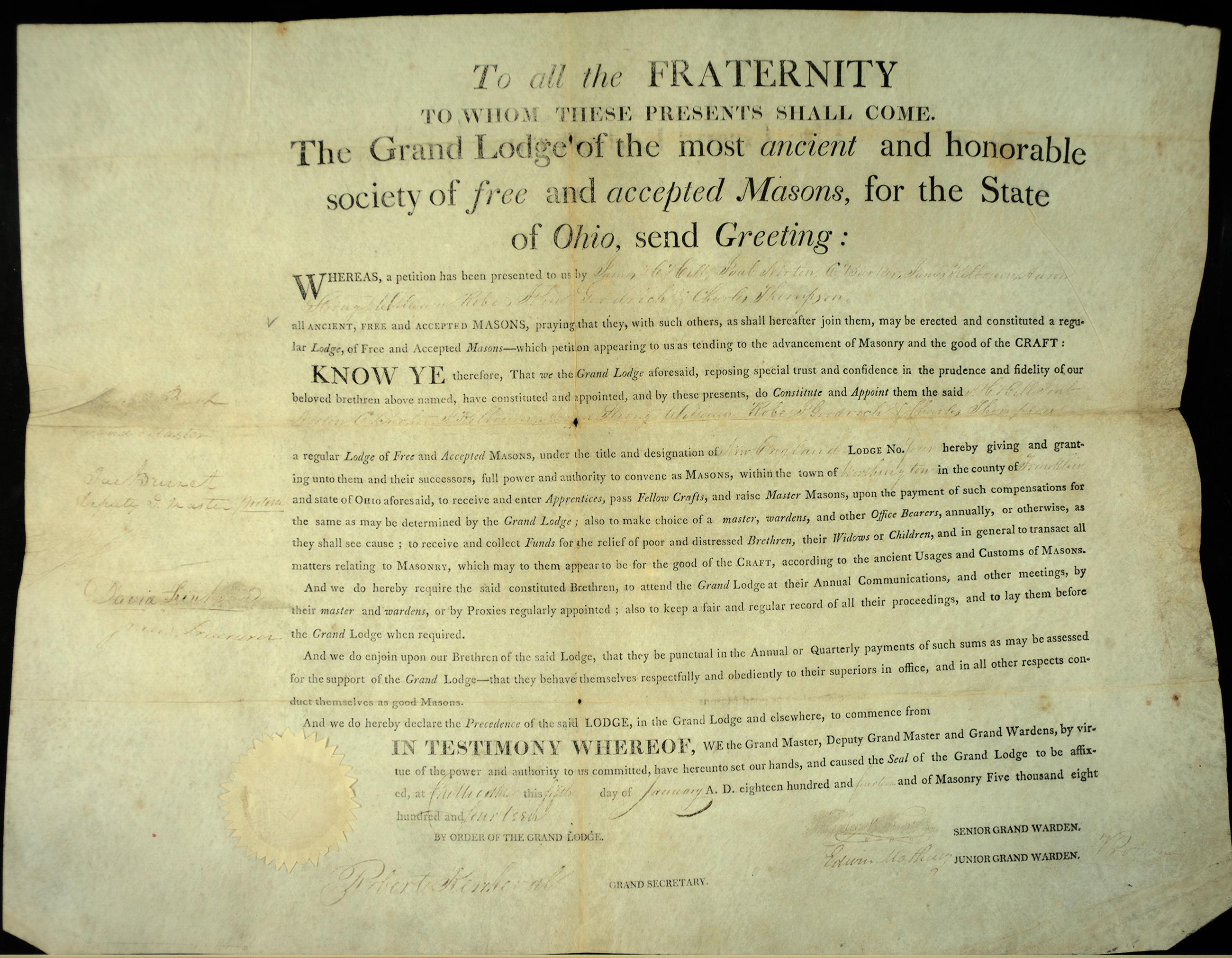 New England Lodge No. 4 Charter