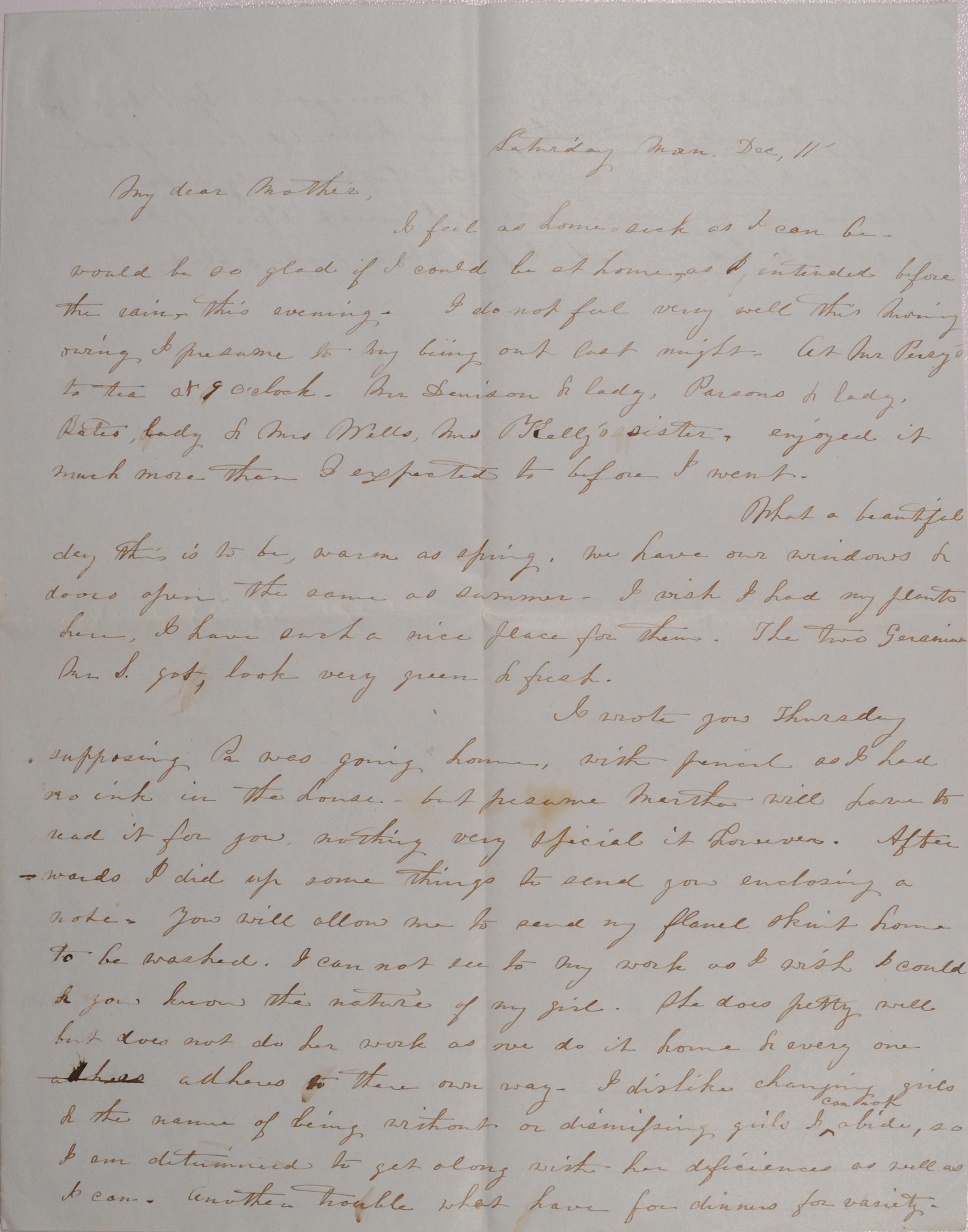 Part of Letter to Achsa Johnson of Worthington, Ohio from Her Daughter Mary Johnson Sessions