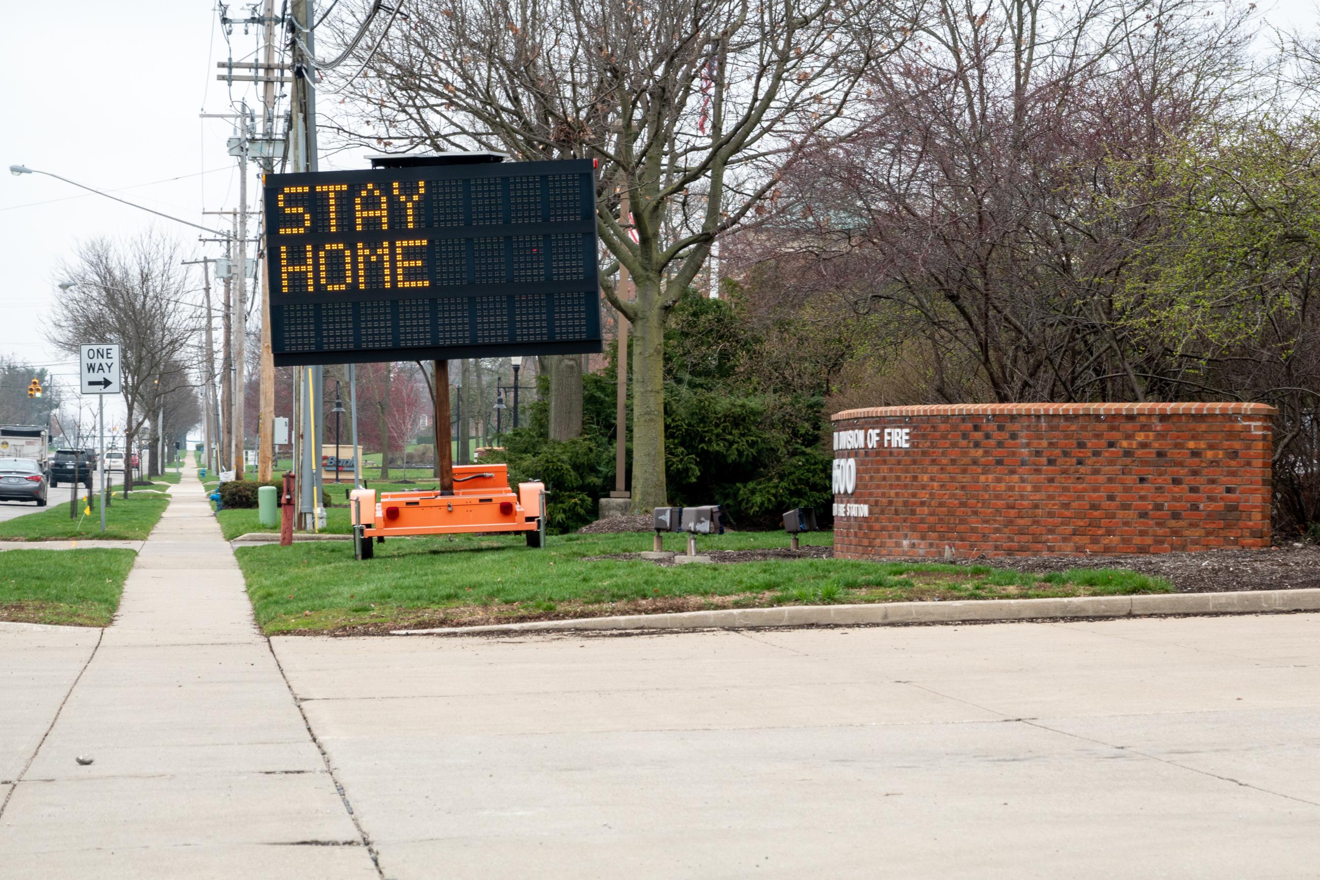 Photograph of Public Health Messages Outside Worthington Fire & EMS Building During Ohio’s Stay At Home Order of 2020