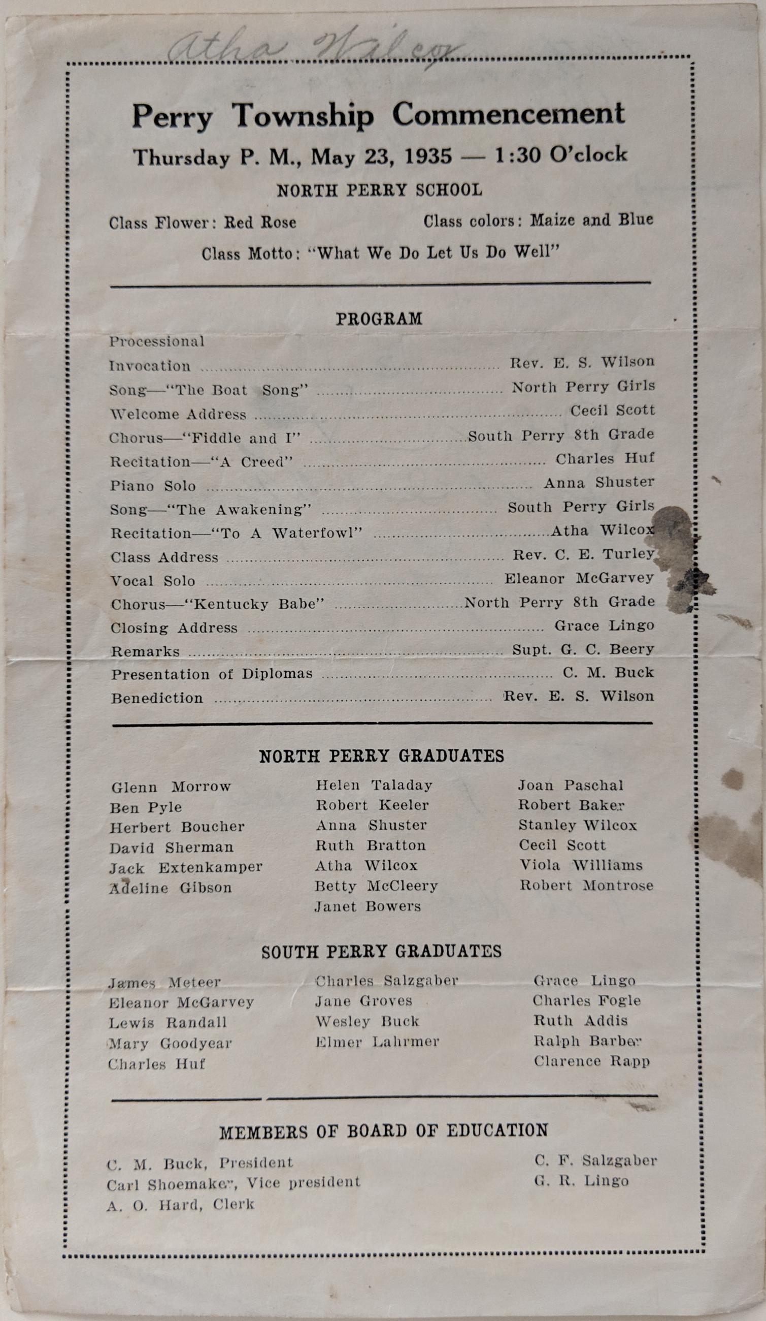 Program for Perry Township Commencement, 1935