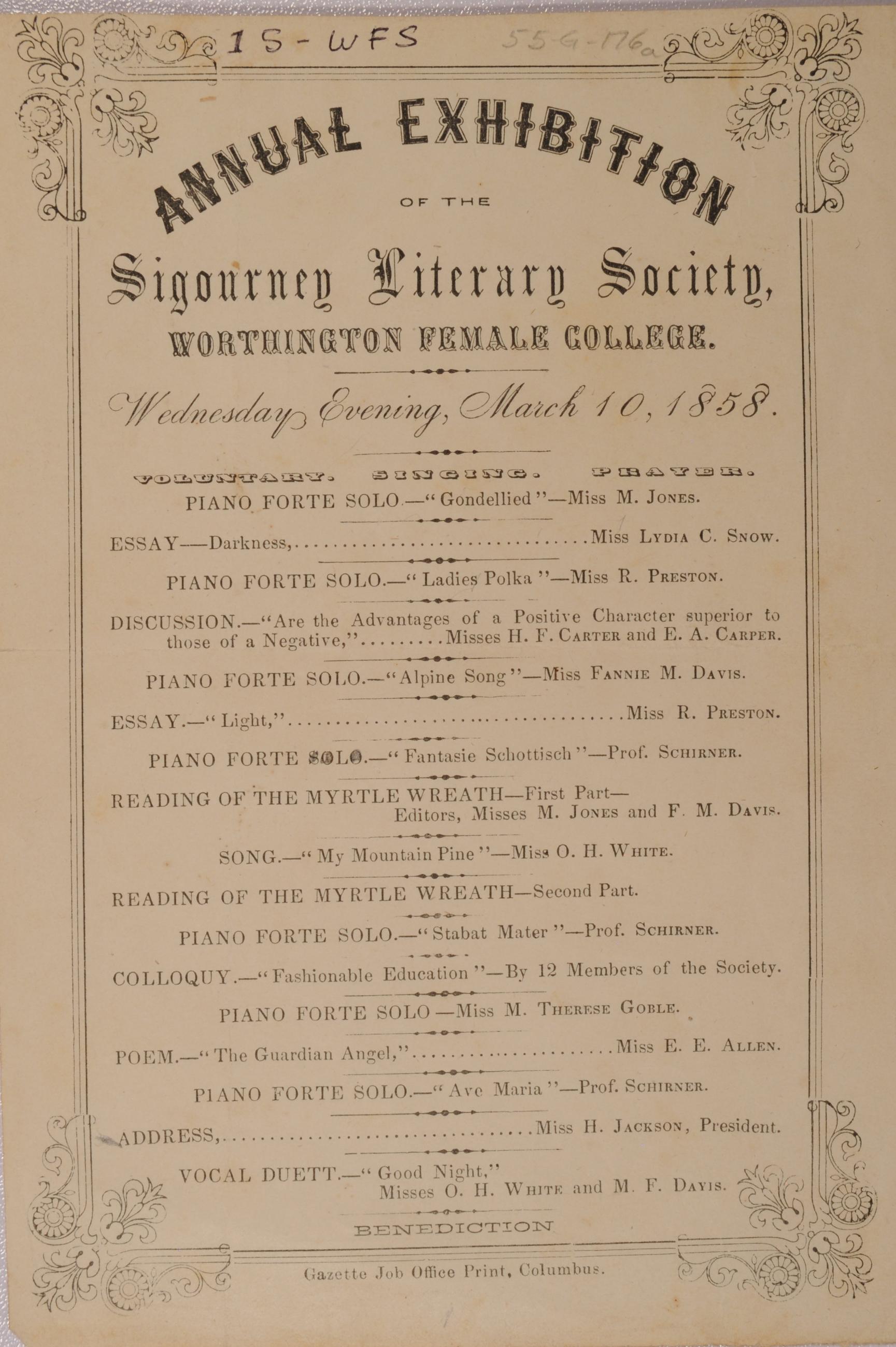 Program for Worthington Female College Annual Exhibition of the Sigourney Literary Society