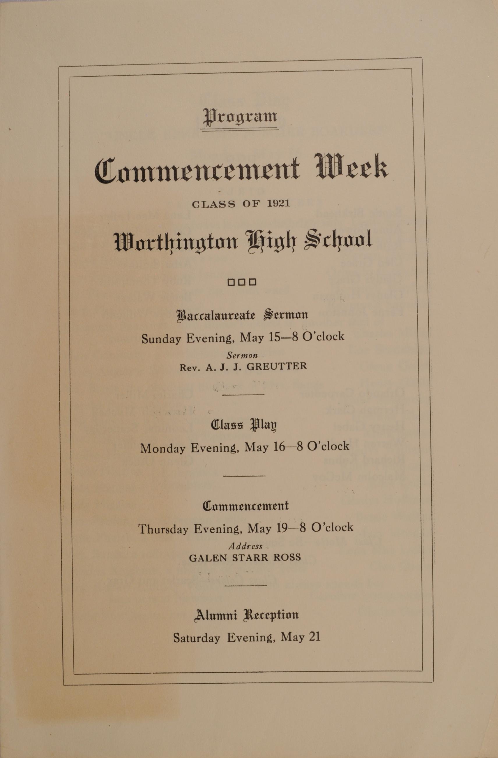 Program for Worthington High School Commencement Week for Class of 1921