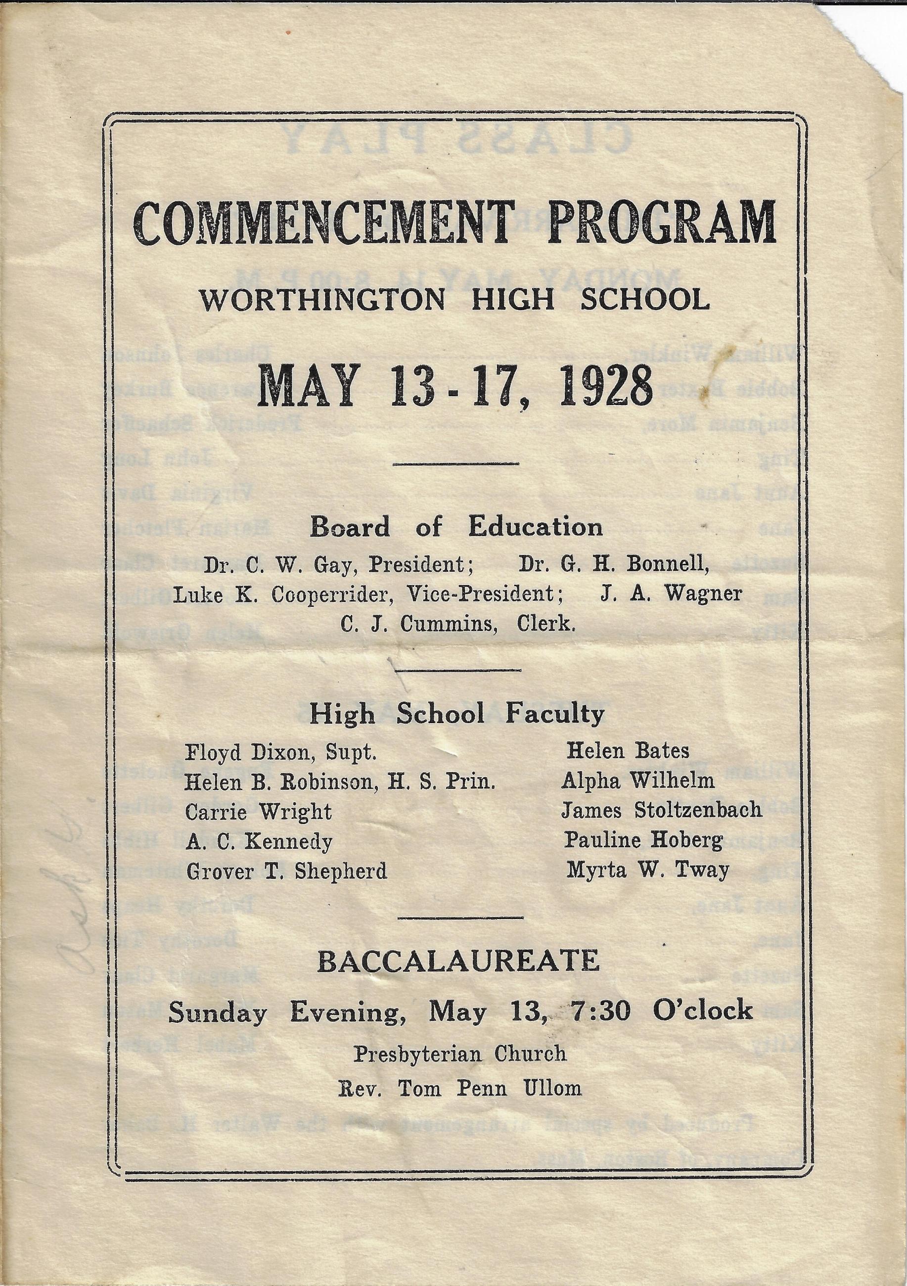 Program for Worthington High School Commencement, 1928