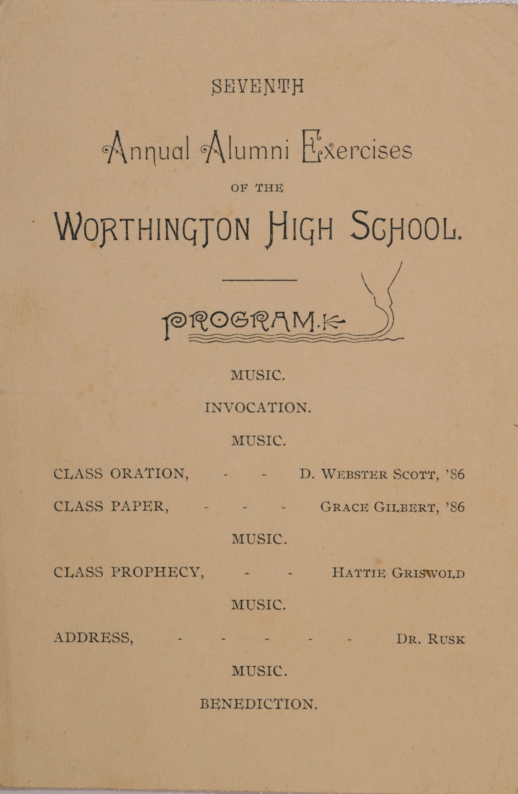 Program for Worthington High School Seventh Annual Alumni Exercises, 1886