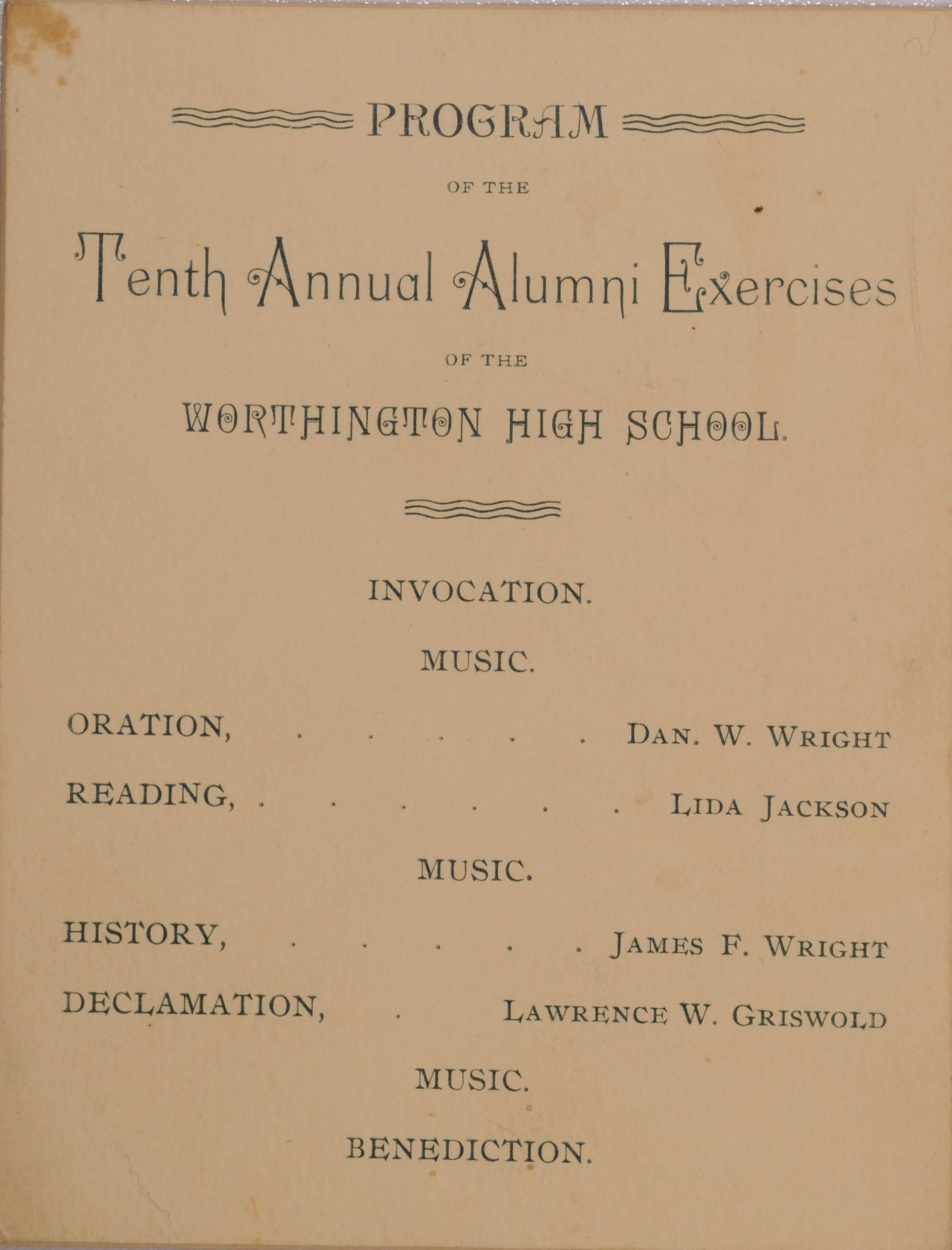 Program for Worthington High School Tenth Annual Alumni Exercises, 1889