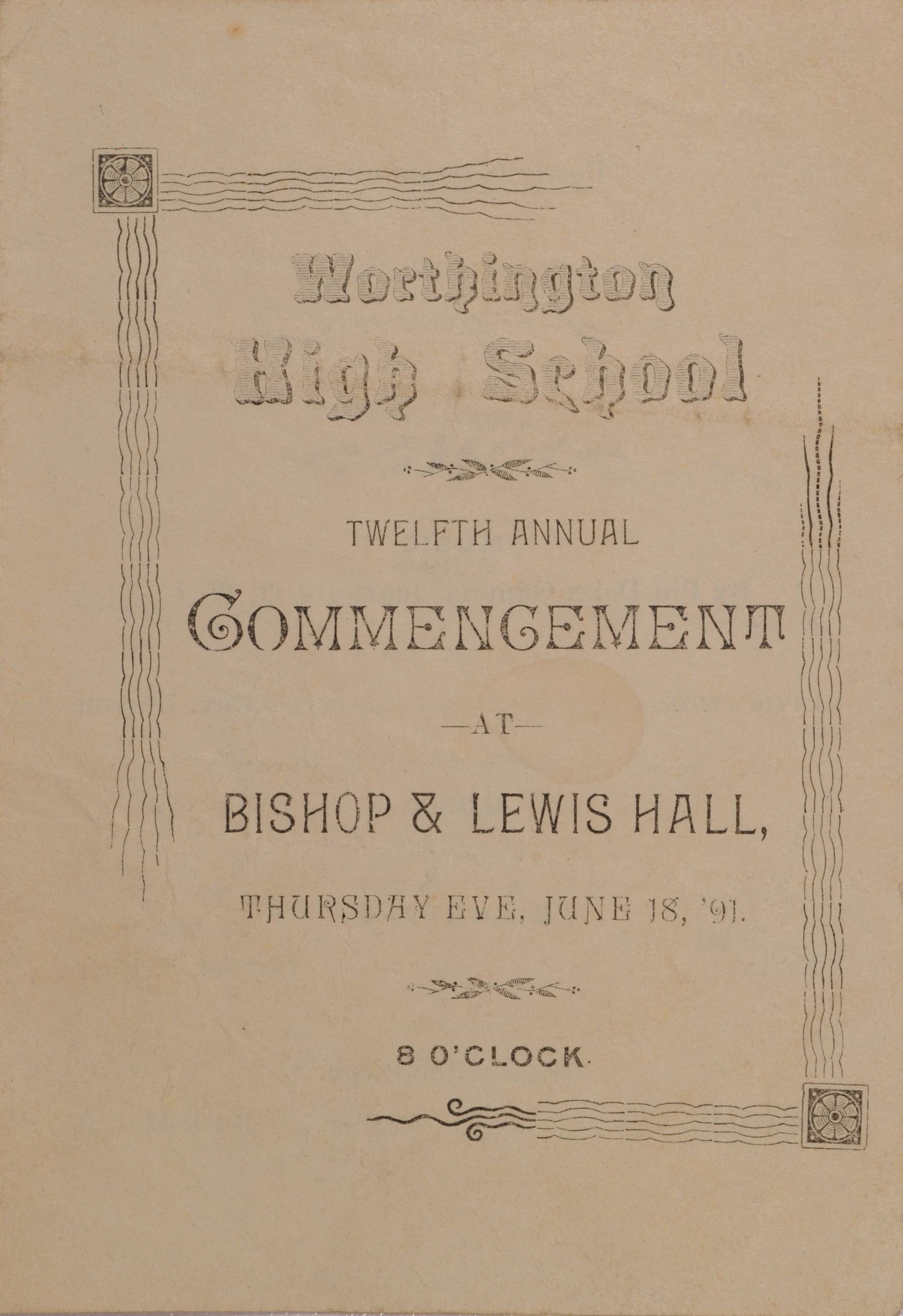 Program for Worthington High School Twelfth Annual Commencement, 1891
