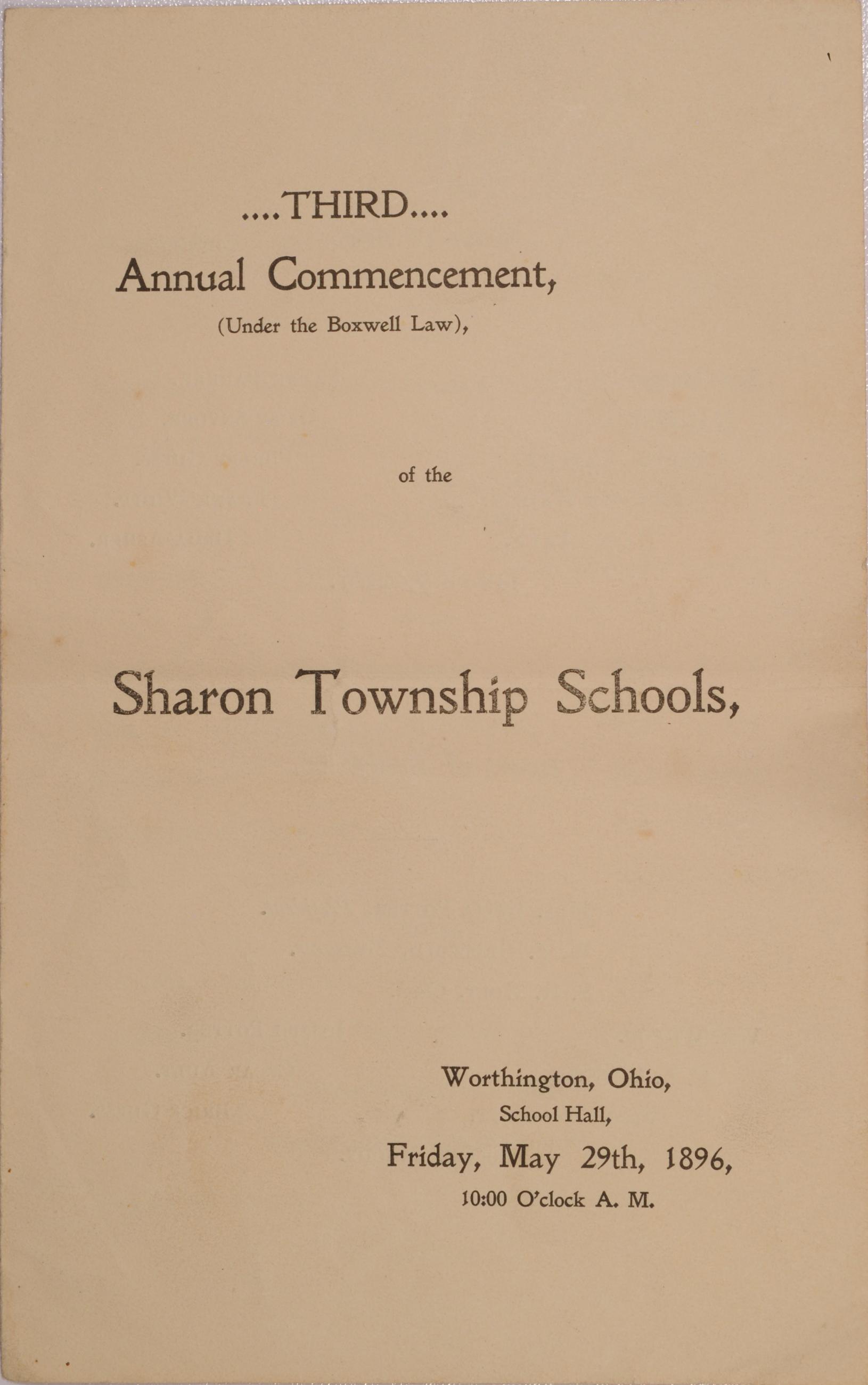 Program for the Sharon Township Schools 3rd Annual Commencement, 1896