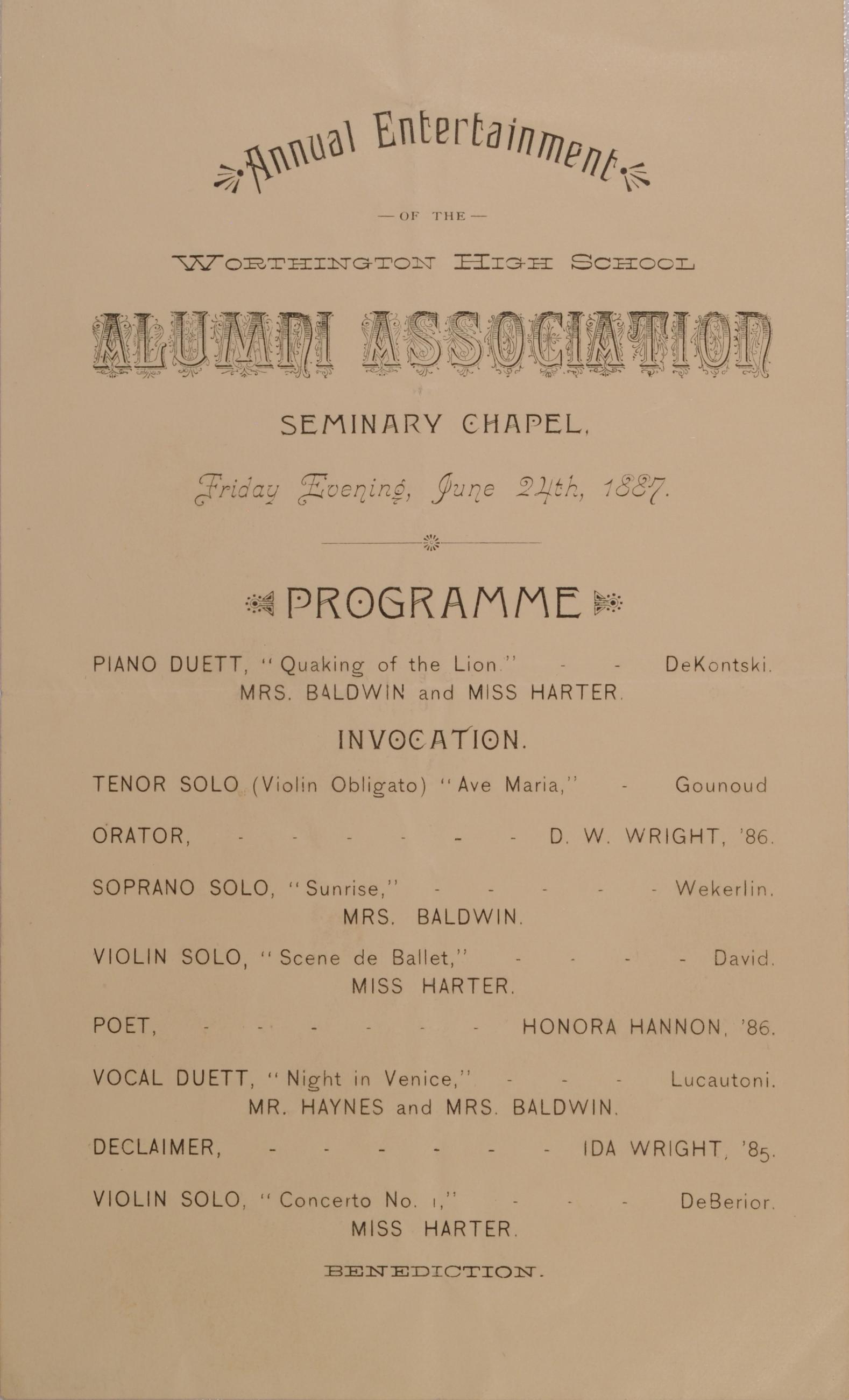Program for the Worthington High School Alumni Association Entertainment, 1887