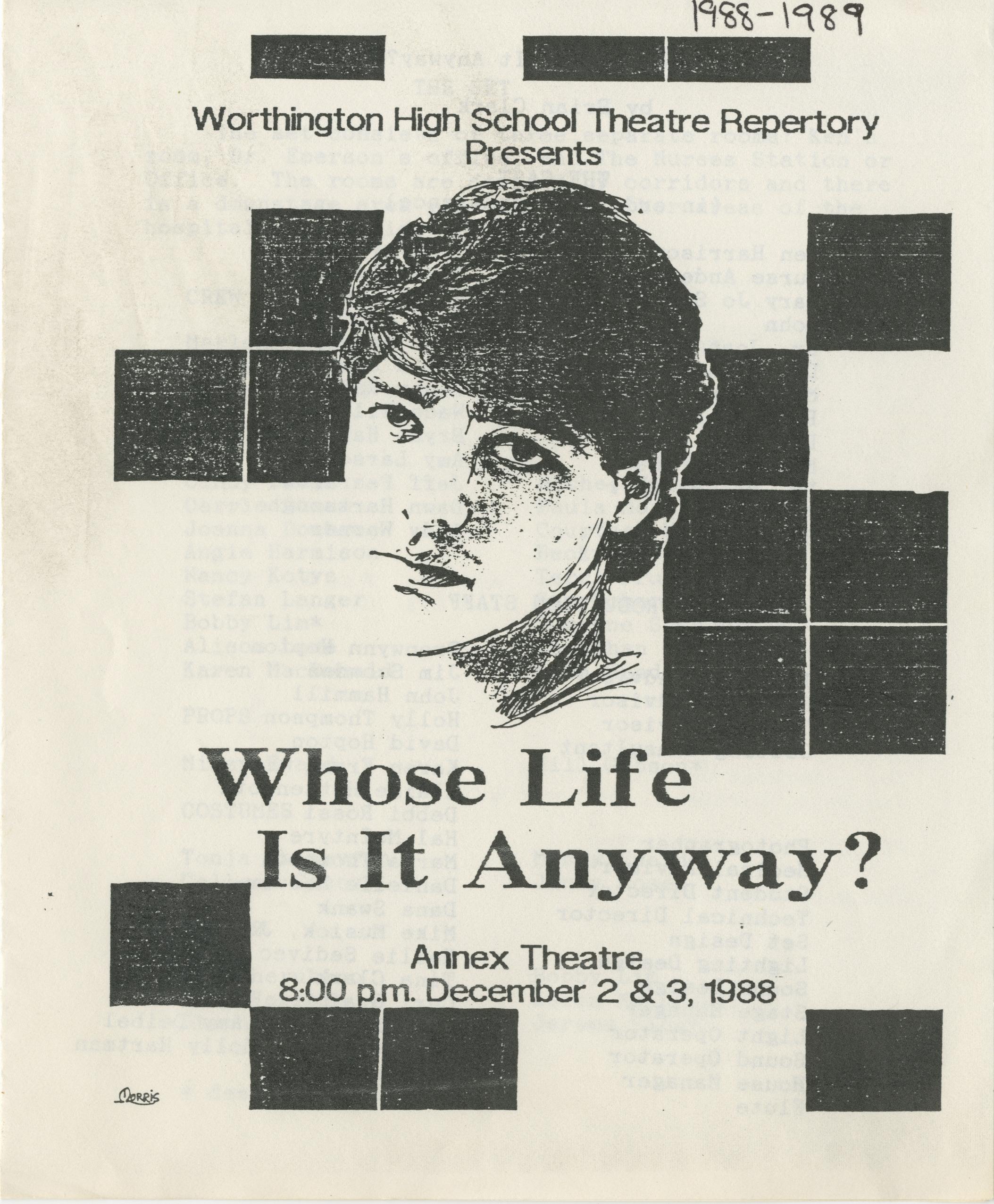 Program for the Worthington High School Production of "Whose Life is it Anyway"