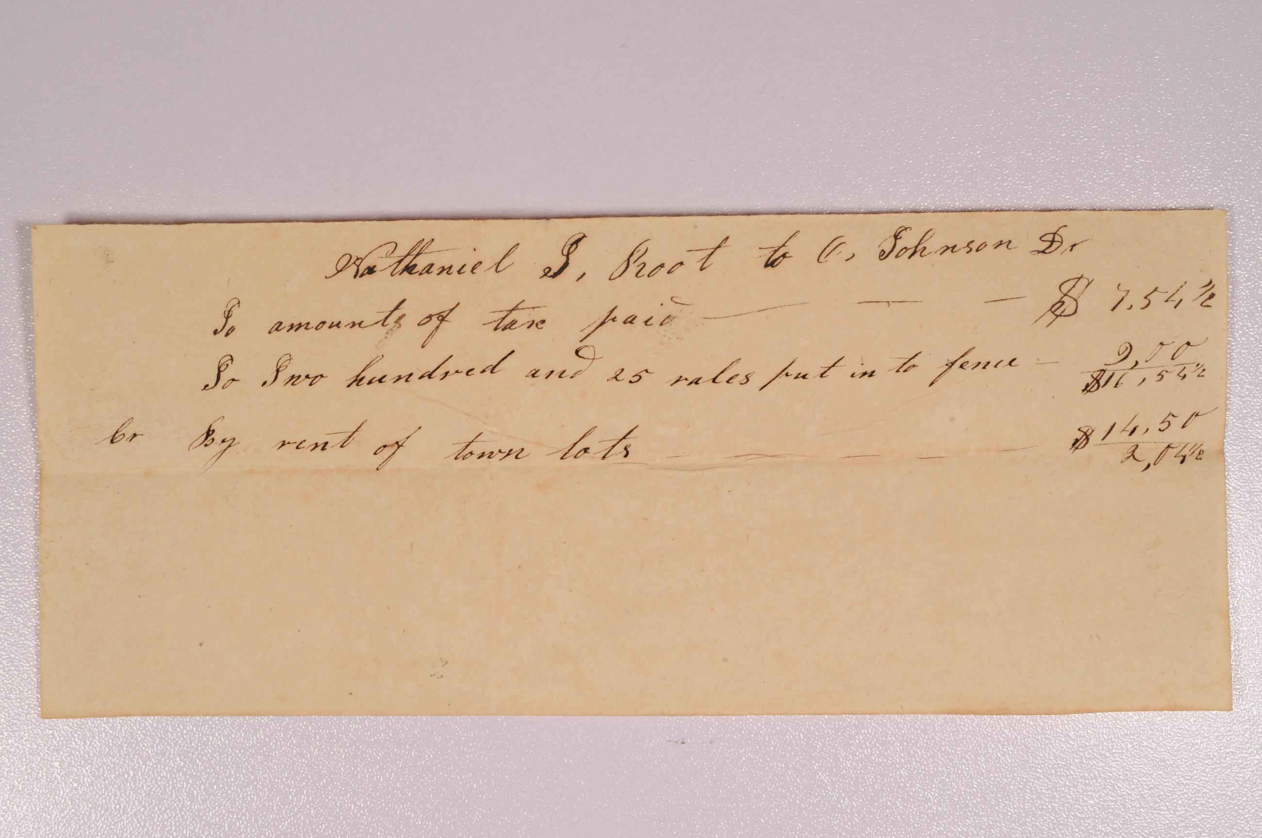 Receipt from Nathaniel Root to Orange Johnson for Taxes, Fence Rails, and Town Lot Rental