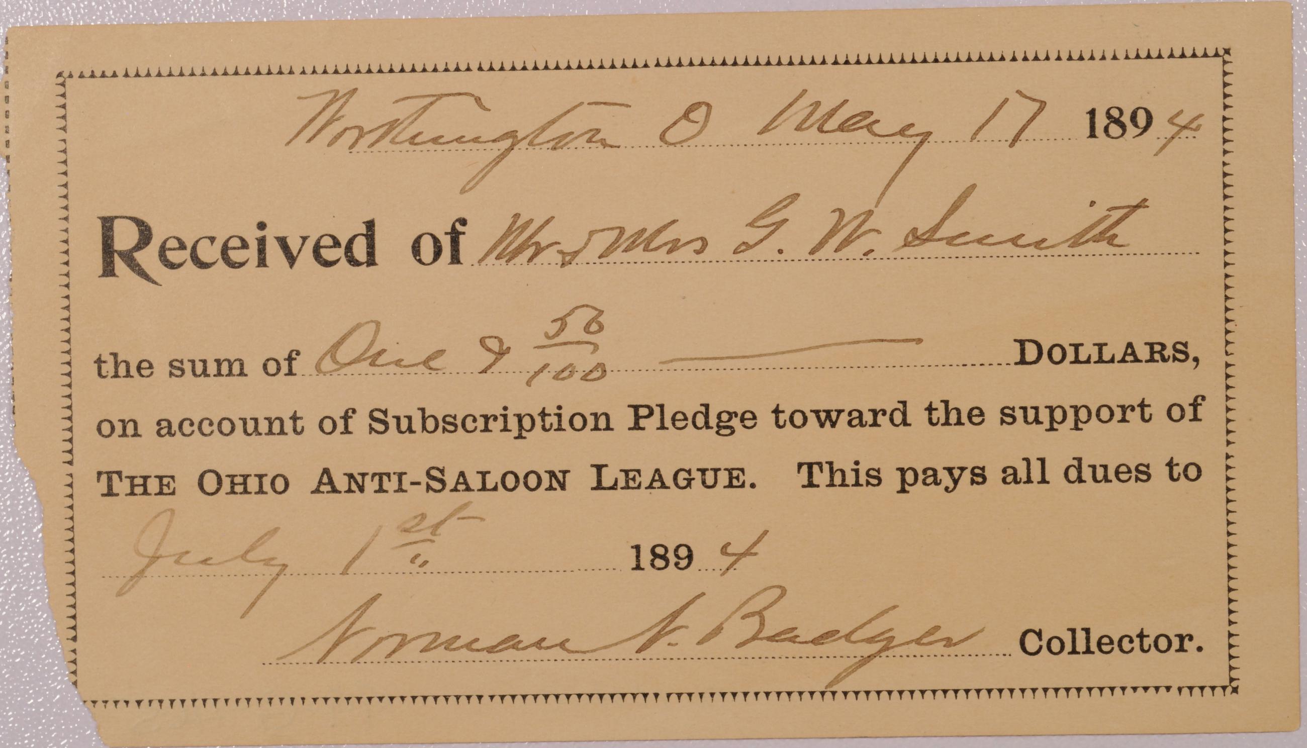 Receipt from Ohio Anti-Saloon League Pledge