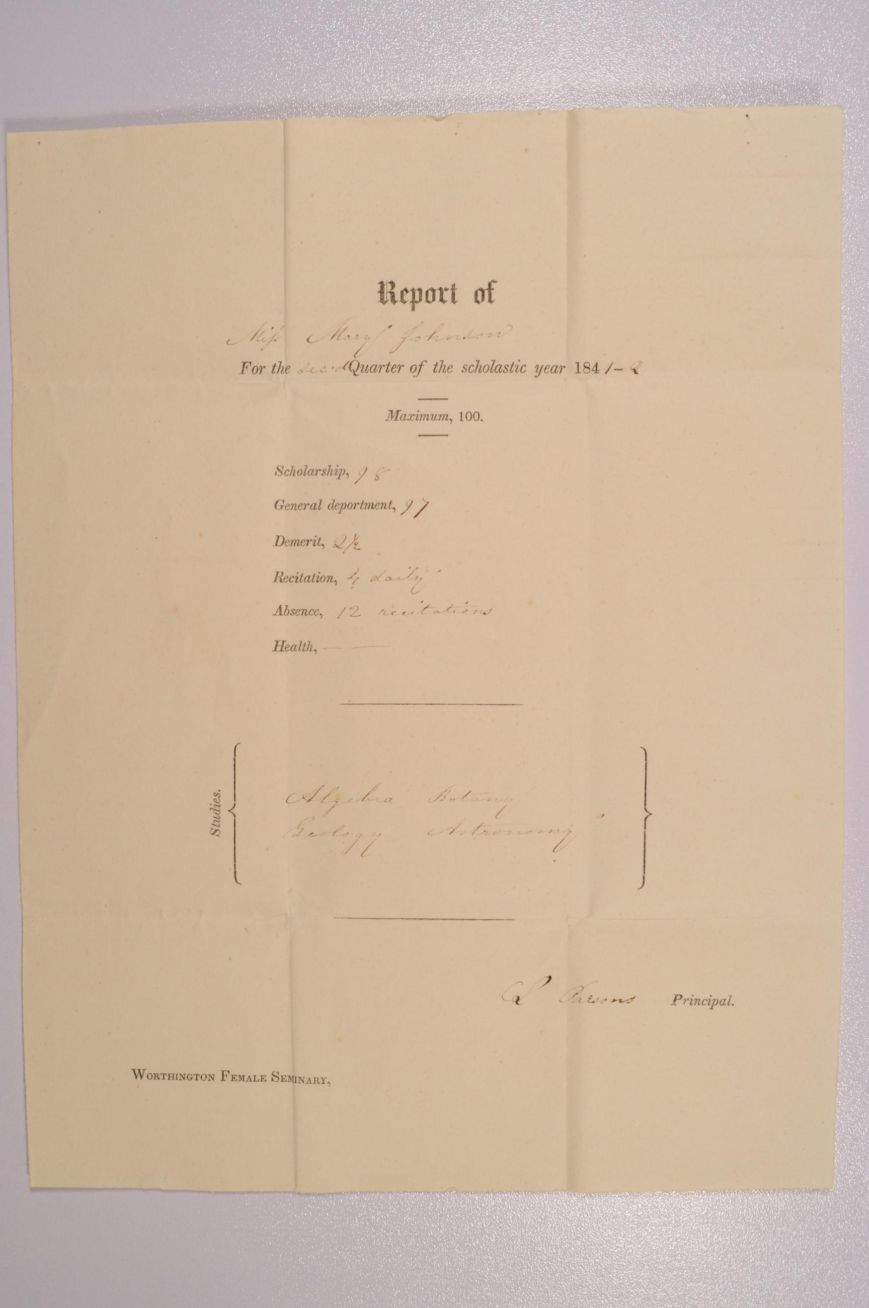 Report Card for Mary Johnson Sent to Orange Johnson from the Worthington Female Seminary, Second Quarter 1841-1842