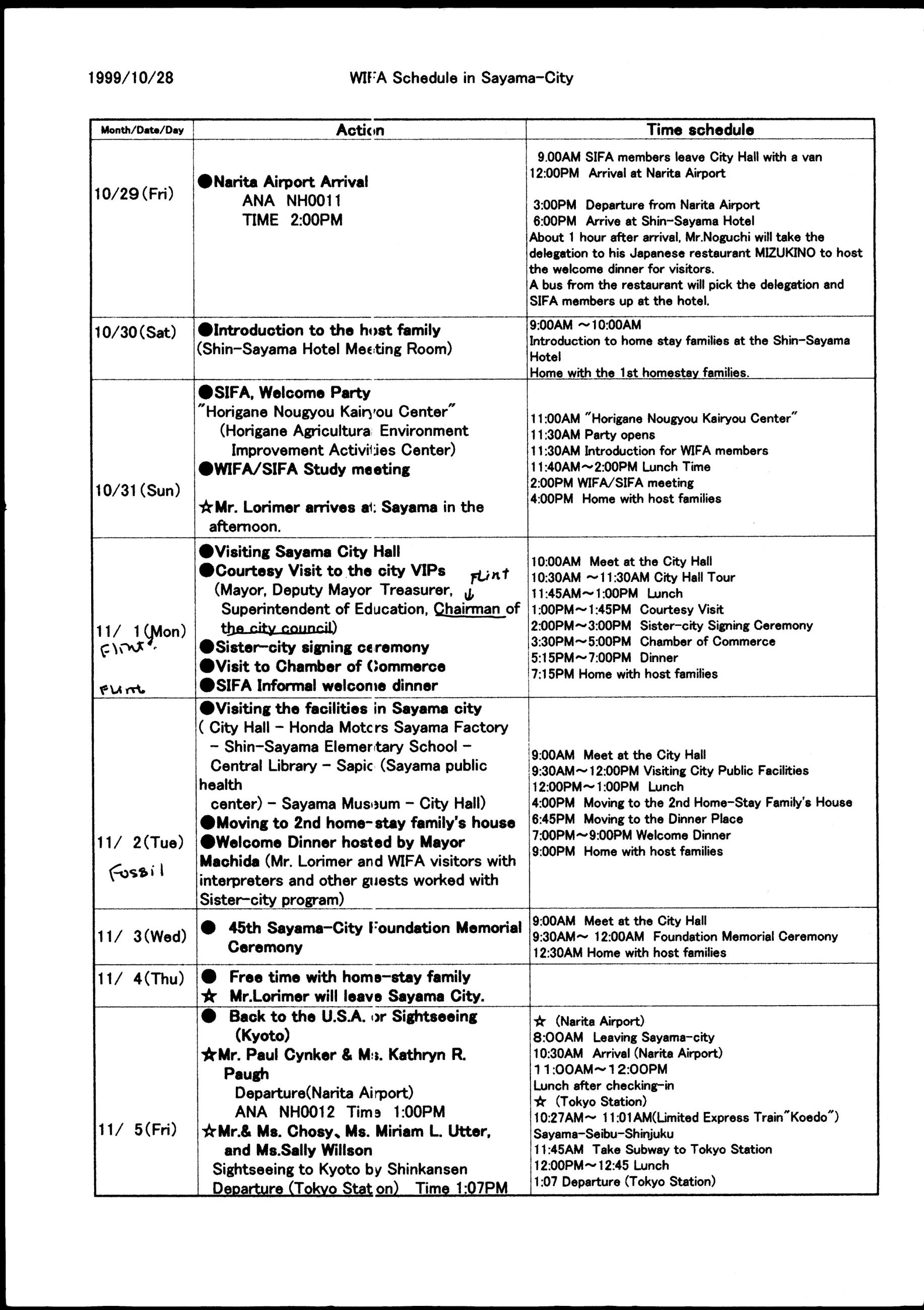 Schedule for WIFA Visit to Sayama City