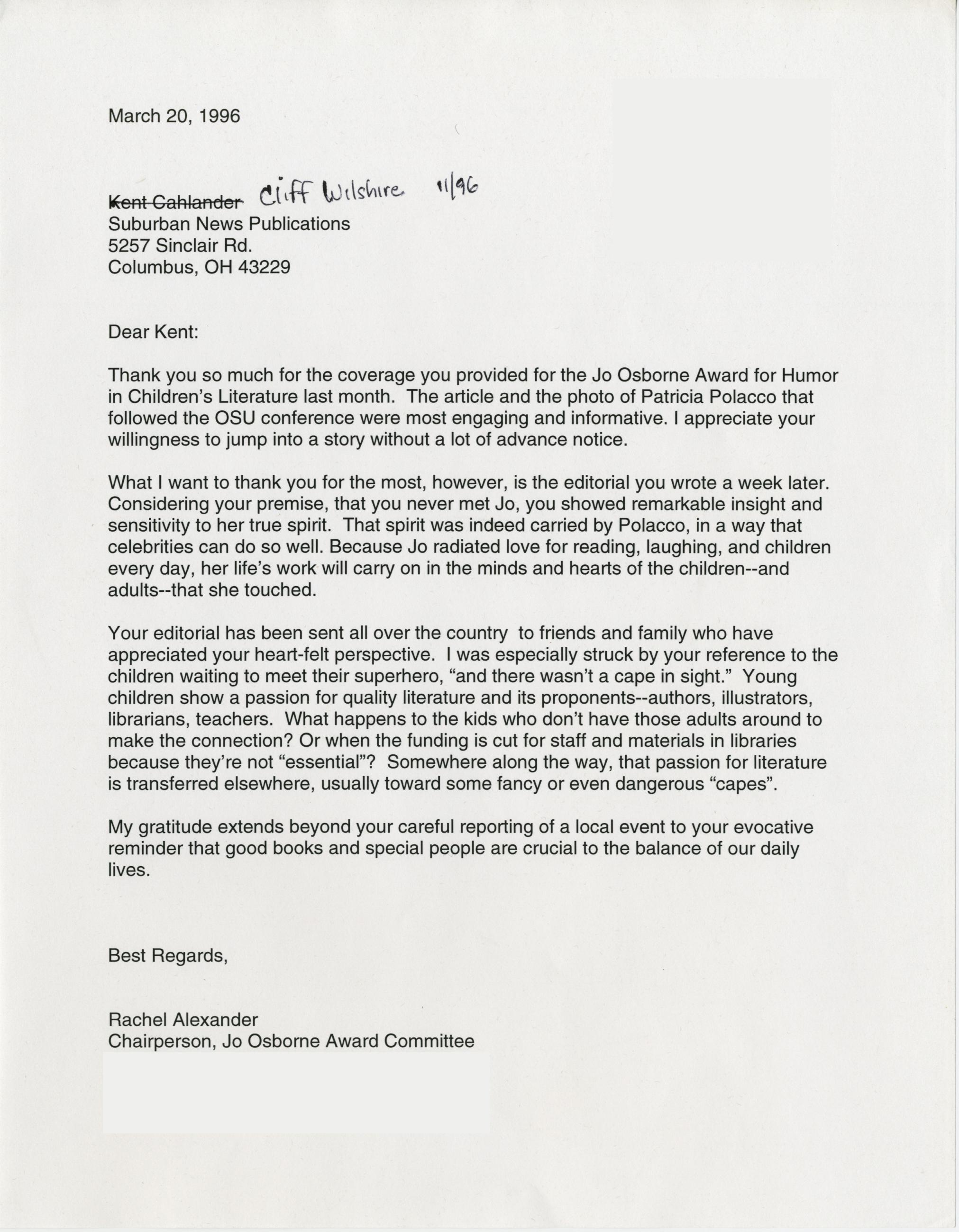 Thank You Letter from Rachel Alexander to Reporter Kent Cahlander