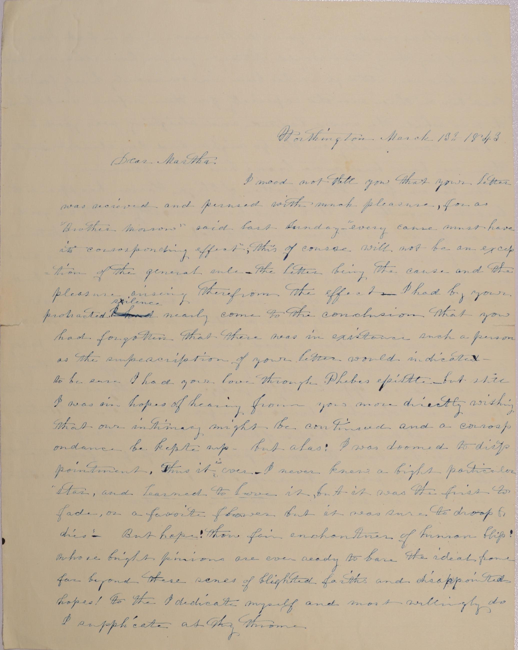 Unfinished and Unsigned Draft Letter to Martha [No Last Name] from Mary Johnson of Worthington, Ohio