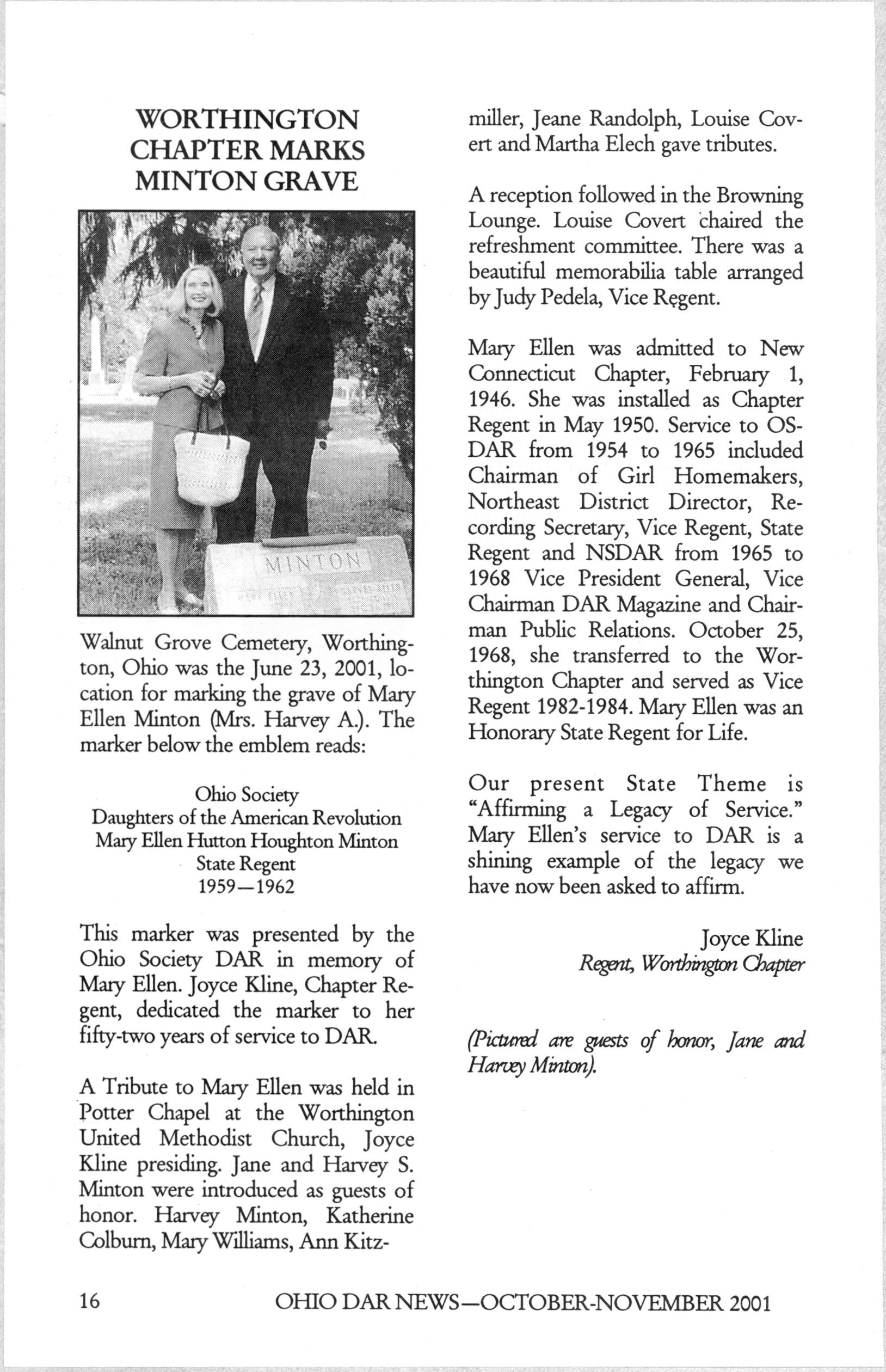 Worthington Chapter Marks Minton Grave