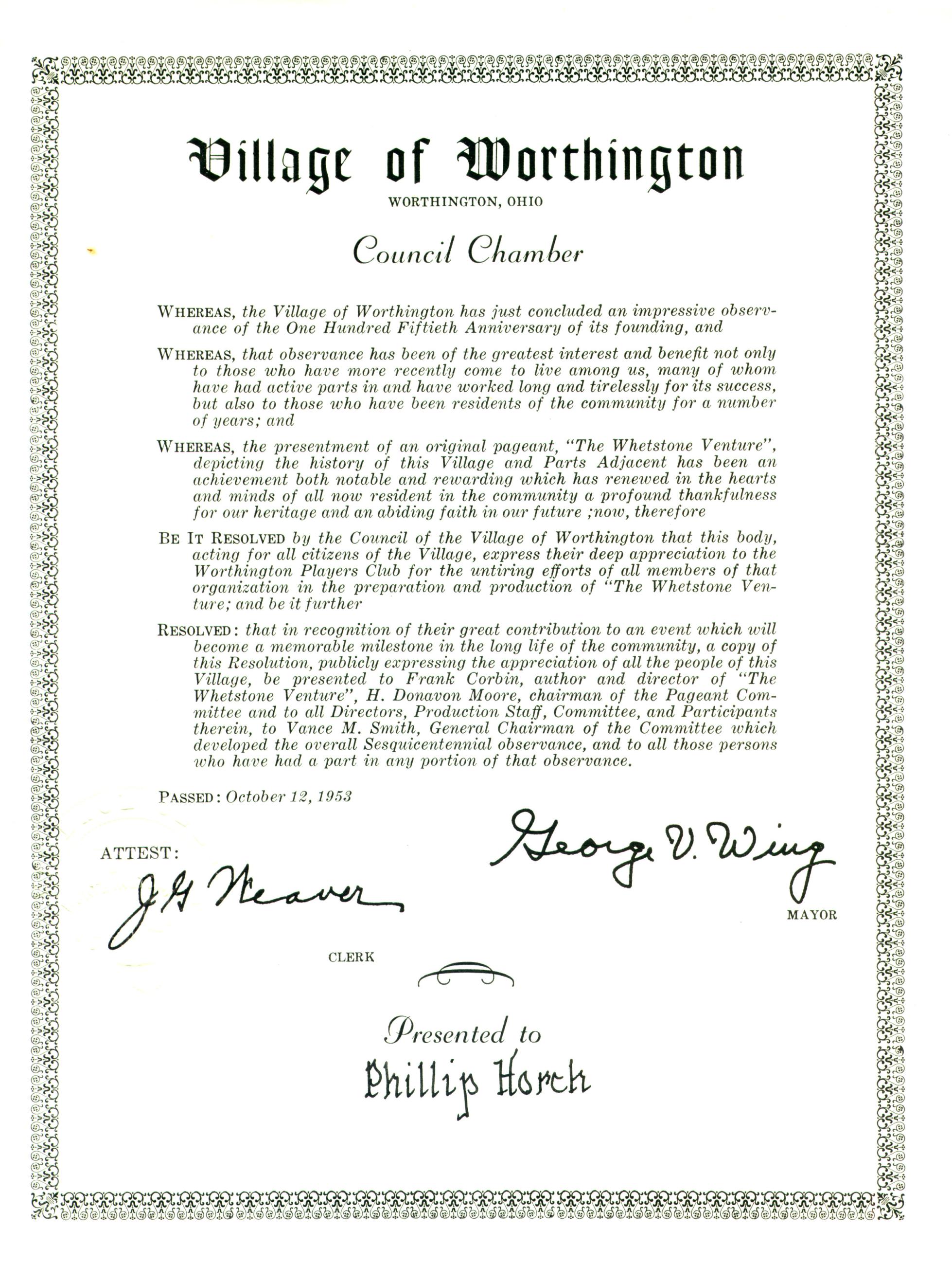 Worthington City Council Proclamation