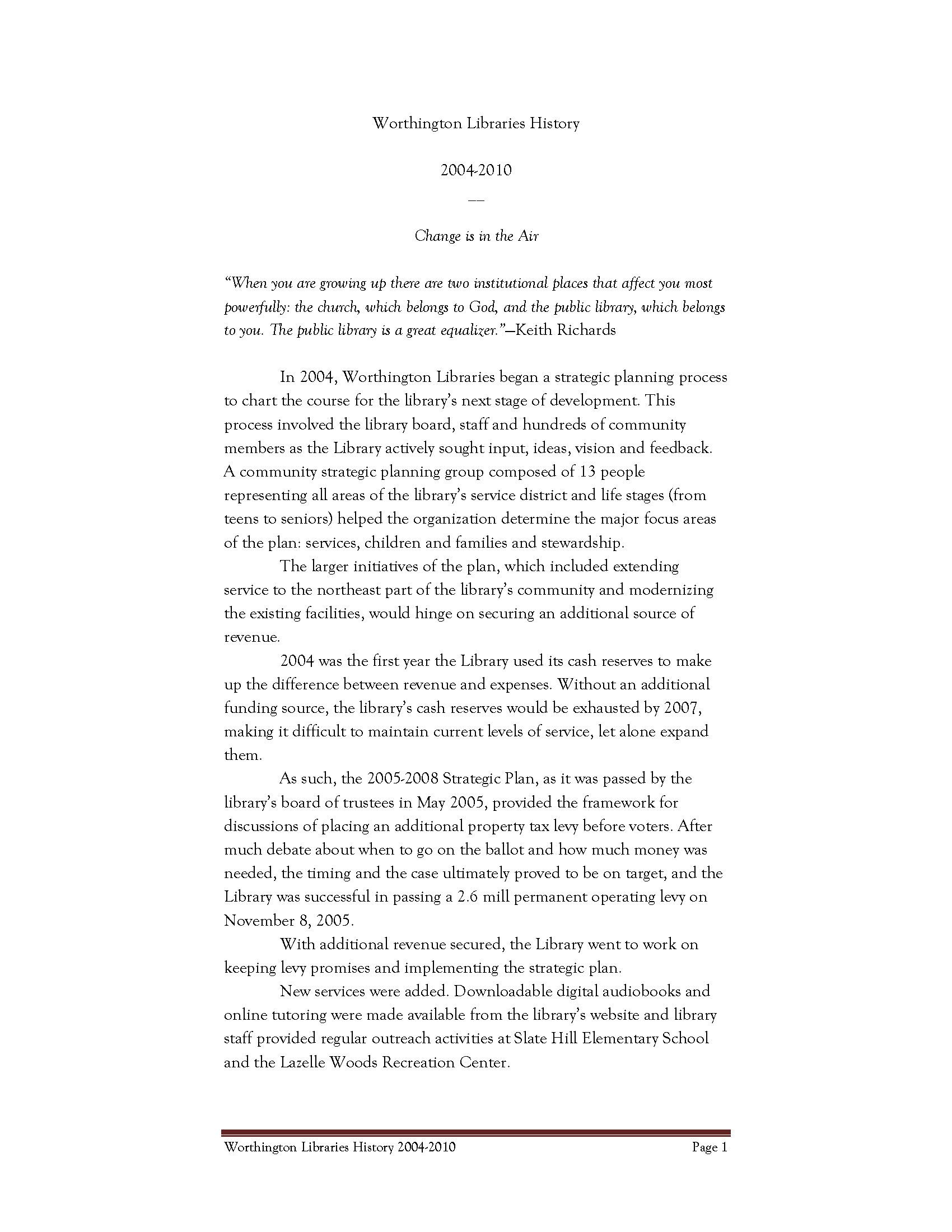 Worthington Libraries History 2004-2010