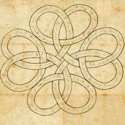 A sepia toned paper with intricate design with handwritten poetry within and below the design