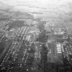 Black and white aerial photo of neighborhoods
