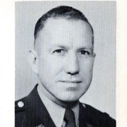 Black-and-white photo of man in military uniform in a yearbook with name, title, family members and address given