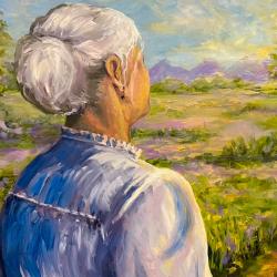 Color painting of an elderly white woman looking away from viewer at a rural trail