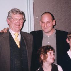 Photograph of Nathan Osborne, Alan Osborne,  Jon Scieszka, Rachel Cuthbert, and Jake Cuthbert