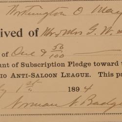 Receipt from Ohio Anti-Saloon League Pledge