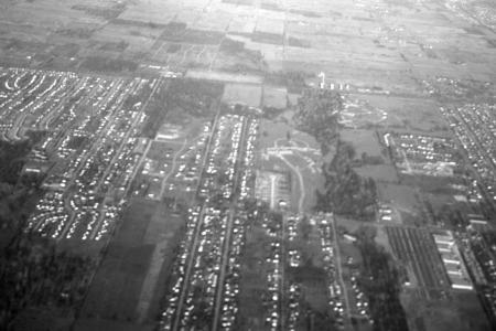 A black-and-white aerial photograph