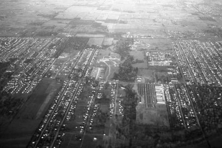 Black and white aerial photo of neighborhoods