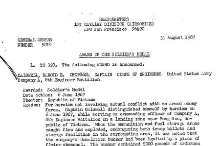 Black and white typed document announcing Soldier's Medal Award Given to Harold E. Caldwell