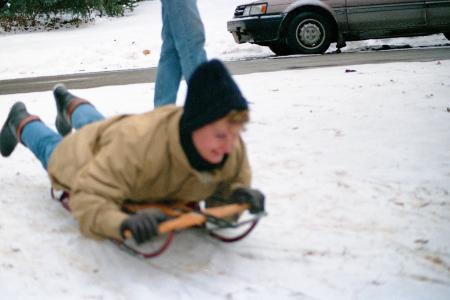 Leslie Fetzer Preparing to Sled Down "Devil's Hill" Sled Run