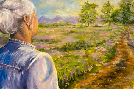 Color painting of an elderly white woman looking away from viewer at a rural trail