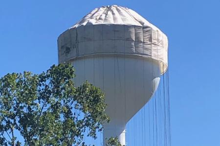 Photograph of the Worthington Hills Water Tower Repainted, Partially Covered by Tarp, 2020