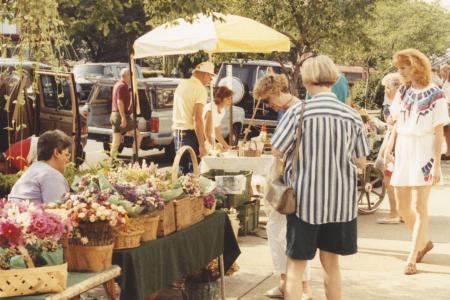 Shoppers Viewing Dried Flower Arrangements at the Worthington Farmer's Market
